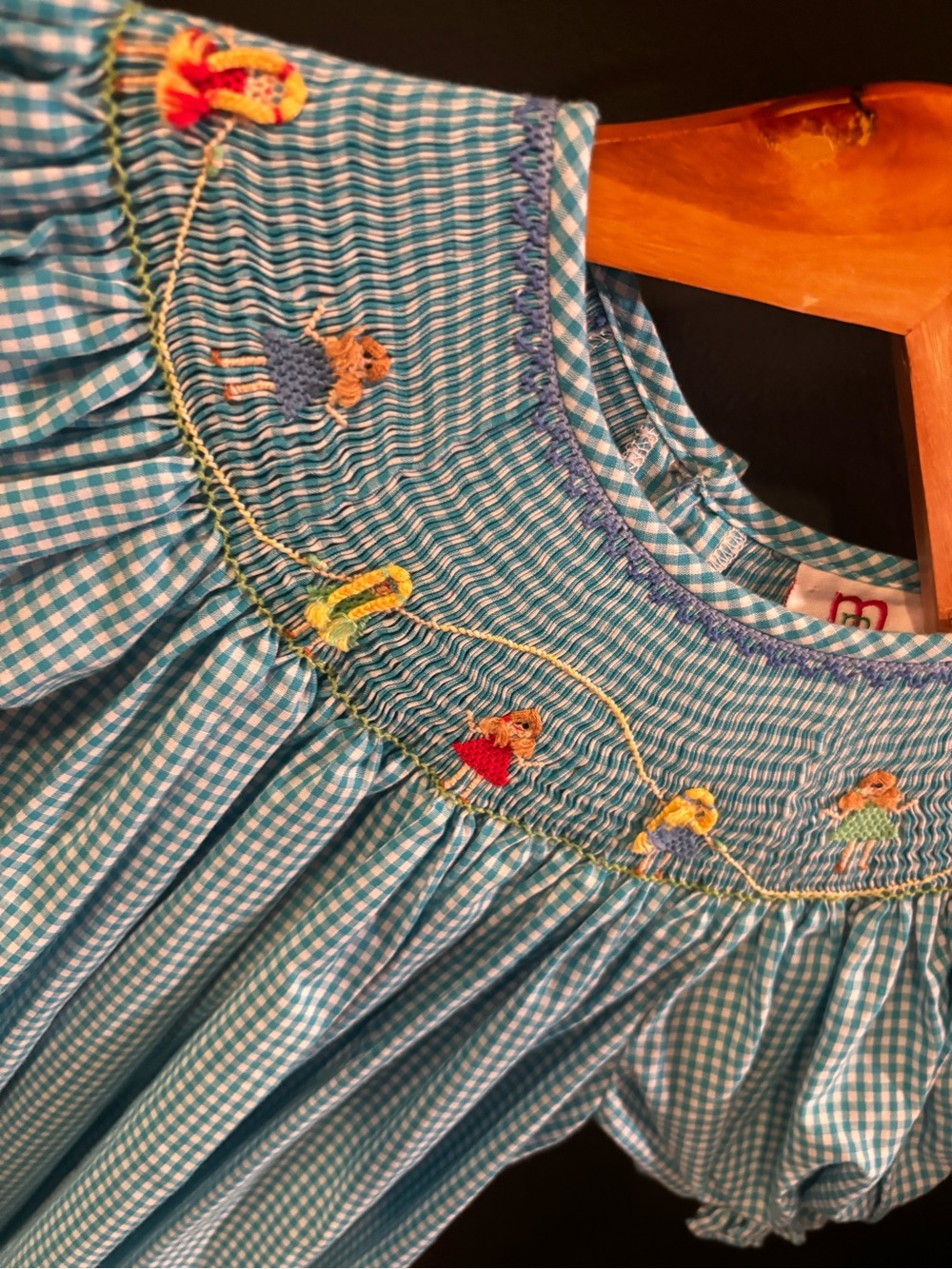 Girls' Blue Gingham Smocked Casual Dress with Embroidered Motifs
